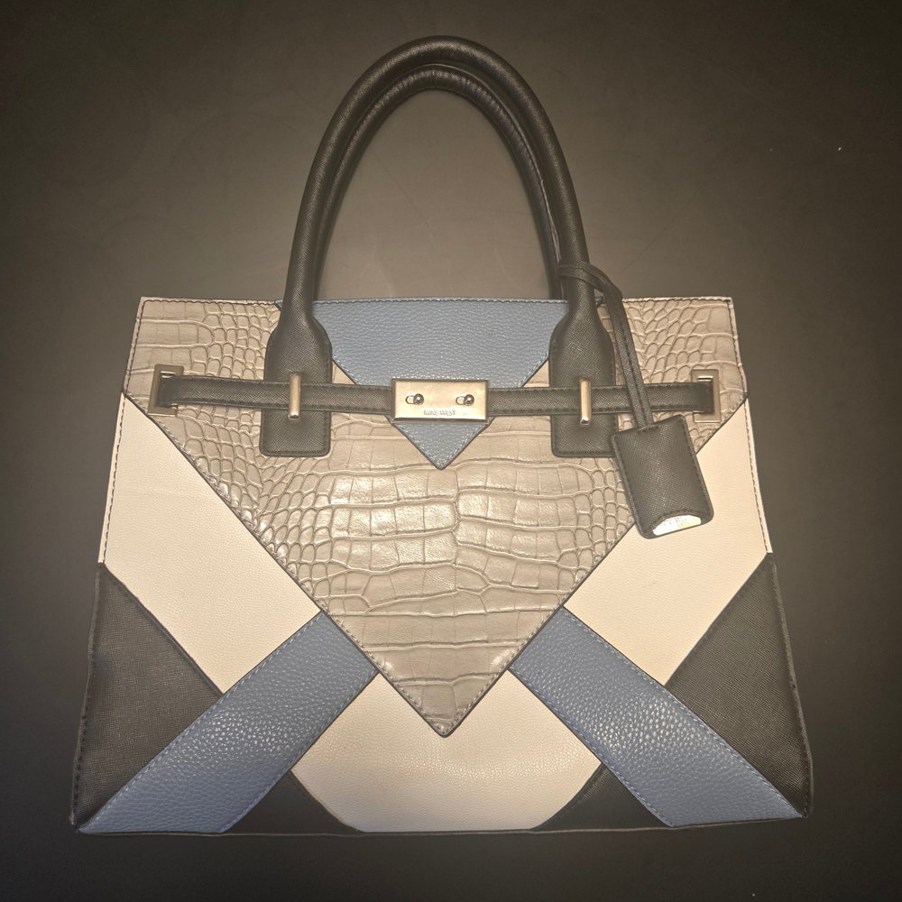 Structured Colorblock Satchel Bag | Croc Texture | Black Gray Blue